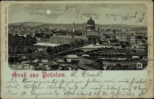 Mondschein Litho Potsdam in Brandenburg, Lange Brücke, Nikolaikirche