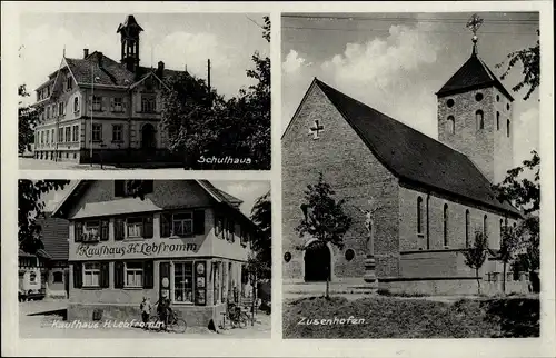 Ak Zusenhofen Oberkirch Baden Württemberg, Kirche, Schule, Kaufhaus H. Lebfromm