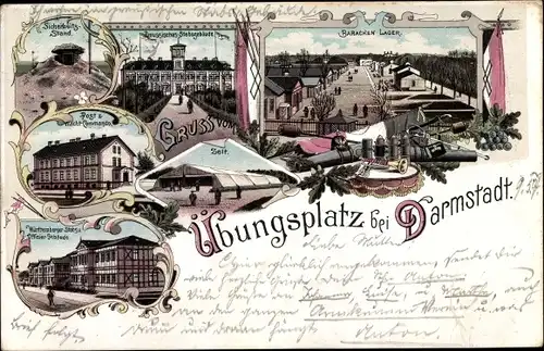 Litho Darmstadt in Hessen, Übungsplatz, Sicherheitsstand, Barackenlager, Stabsgebäude