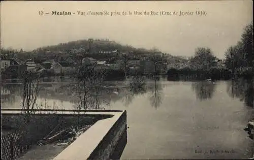 Ak Meulan en Yvelines, Vue d'ensemble prise de la Rue du Bac, Crue de Janvier 1910