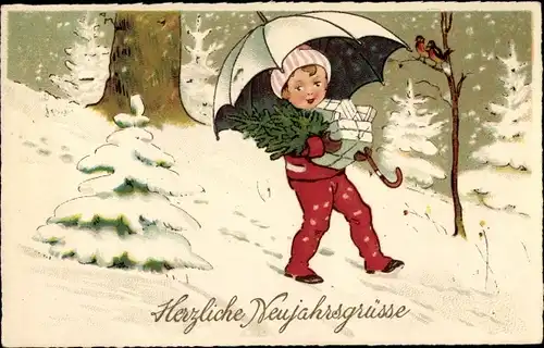 Ak Glückwunsch Neujahr, Kind mit Tannenbaum und Päckchen, Schirm