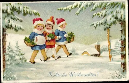 Ak Frohe Weihnachten, Mädchen mit Mistelzweigen, Winterlandschaft