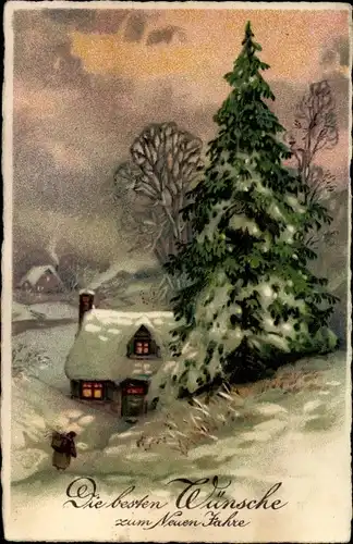 Ak Glückwunsch Neujahr, Winterlandschaft, Haus