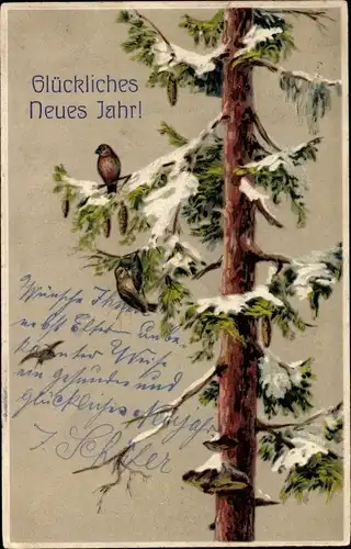 Präge Ak Glückwunsch Neujahr, Vögel auf einem eingeschneiten Baum