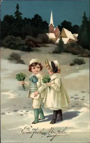 Ak Glückwunsch Neujahr, Kinder mit Kleeblättern, Winterlandschaft