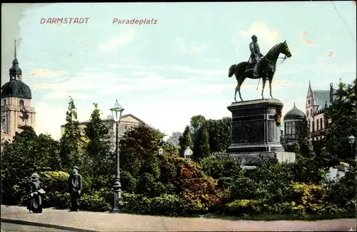 Ak Darmstadt Hessen, Paradeplatz, Reiterdenkmal