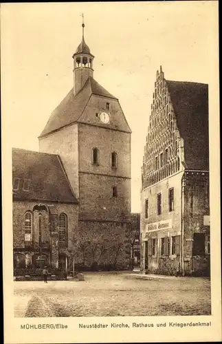 Ak Mühlberg an der Elbe Brandenburg, Neustädter Kirche, Rathaus, Kriegerdenkmal, Sparkasse