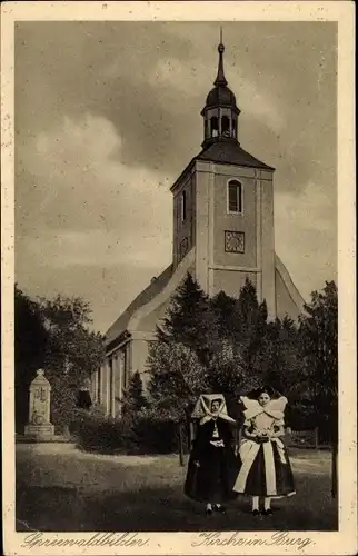 Ak Burg im Spreewald, Kirchgang, Zwei Spreewälderinnen, Kirche
