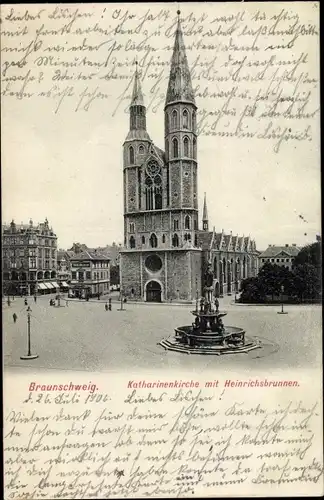 Ak Braunschweig in Niedersachsen, Katharinenkirche mit Heinrichsbrunnen