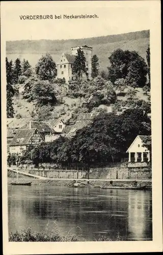 Ak Neckarsteinach, Blick zur Vorderburg, Wasserseite, Boot am Ufer