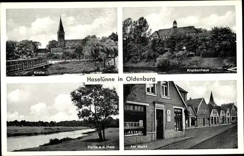Ak Haselünne Niedersachsen, Kirche, Krankenhaus, Hasepartie