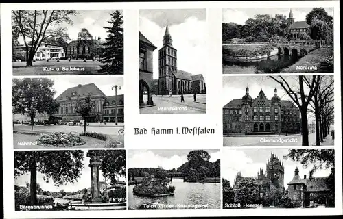 Ak Hamm in Westfalen, Pauluskirche, Oberlandgericht, Schloss Heessen, Bahnhof, Kurhaus