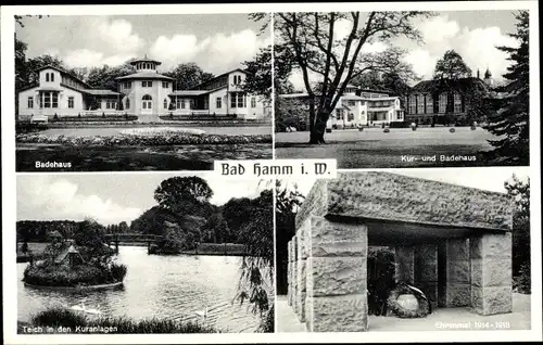 Ak Hamm in Westfalen, Badehaus, Kurhaus, Teich, Kuranlagen, Ehrenmal