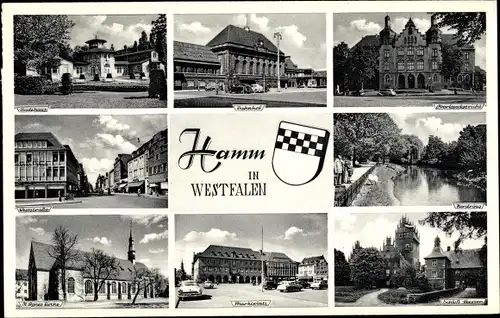 Ak Hamm in Westfalen, Bahnhof, Oberamtsgericht, Kirche, Marktplatz, Wappen