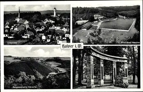 Ak Halver in Westfalen, Strandbad Herpine, Bergpanorama Hälvertal, Ehrenmal, Blick auf den Ort