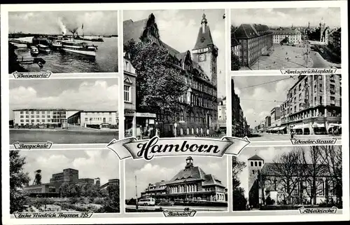 Ak Hamborn Duisburg im Ruhrgebiet, Rathaus, Abteikirche, Bhf, Bergschule, Zeche Friedrich Thyssen