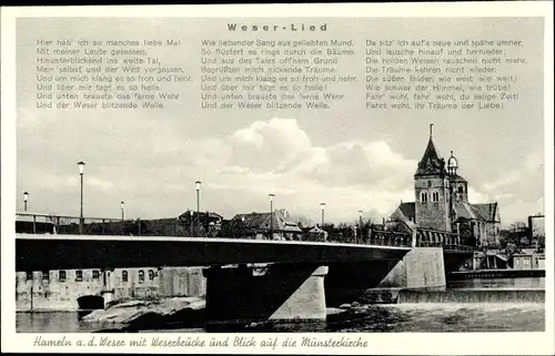 Ak Hameln in Niedersachsen, Weserbrücke, Münsterkirche, Weserlied