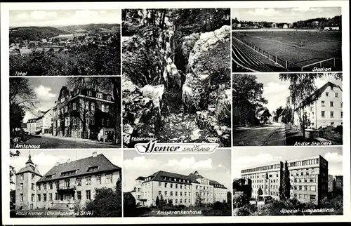 Ak Hemer im Sauerland, Lungenklinik, Amtshaus, Panorama, Haus Hemer, Felsenmeer, Satdion