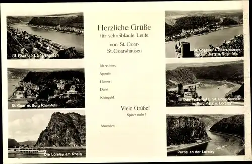 Ak Sankt Goar am Rhein, Goarshausen, Gesamtansicht, Loreley, Burg Rheinfels, Burg Katz