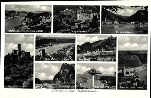 Ak Sankt Goar am Rhein, Goarshausen, Gesamtansicht, Loreley, Burg Rheinfels, Burg Katz, Pilz