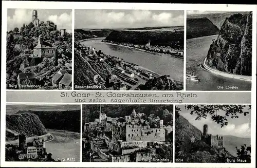 Ak Sankt Goar am Rhein, Goarshausen, Loreley, Burg Rheinfels, Burg Katz, Pilz, Burg Reichenberg