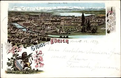 Litho Zürich Stadt Schweiz, Totalansicht der Ortschaft, Wappen
