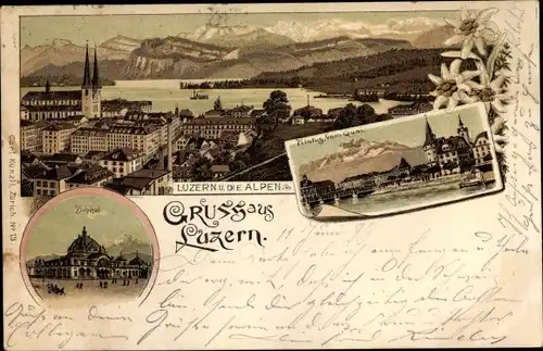 Litho Luzern Stadt Schweiz, Pilatus vom Quai aus gesehen, Bahnhof, Panorama