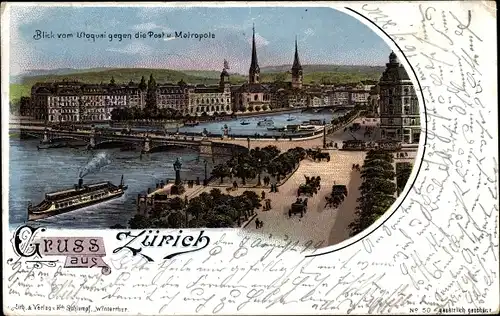 Litho Zürich Stadt Schweiz, Blick vom Utoquai gegen Post und Metropole