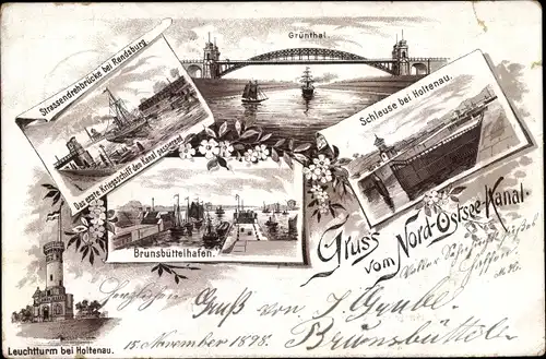 Litho Holtenau Kiel, Nord Ostsee Kanal, Straßendrehbrücke Rendsburg, Schleuse, Grünthal