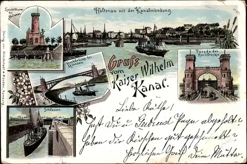 Litho Holtenau Kiel in Schleswig Holstein, Kanalmündung, Schleuse, Leuchtturm, Kaiser Wilhelm Kanal