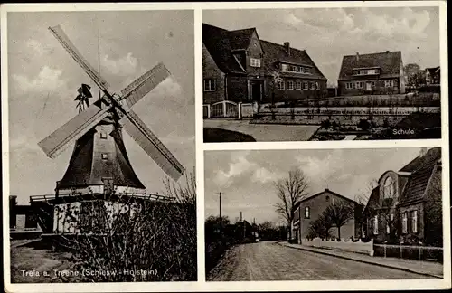 Ak Treia an der Treene, Windmühle, Schule, Straßenpartie