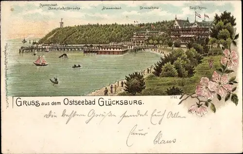 Litho Glücksburg an der Ostsee, Strandhotel, Damenbad, Herrenbad, Logierhaus