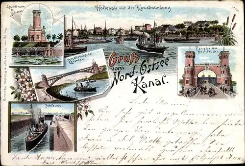 Litho Holtenau Kiel in Schleswig Holstein, Nord Ostsee Kanal, Hochbrücke, Leuchtturm, Schleuse