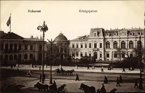 Ak București Bukarest Rumänien, Königspalast, Straßenansicht, Kutschen