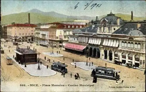 Ak Nice Nizza Alpes Maritimes, Place Massena, Casino Municipal, Straßenbahnen