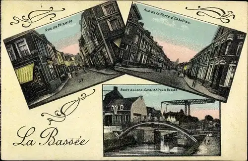 Ak La Bassée Nord, Rue de la Porte d'Estaires, Rue de Mizelle, Brücke
