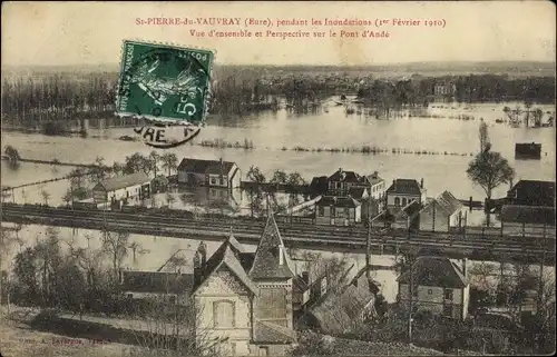 Ak St. Pierre du Vauvray Eure,  Perspective sur le Pont d´Andé, inondations 1910