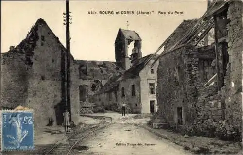 Ak Bourg et Comin Aisne, Rue du Pont