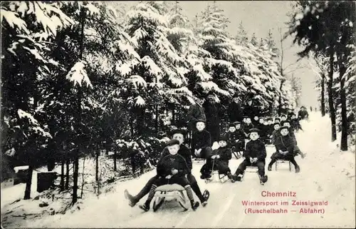 Ak Chemnitz Sachsen, Wintersport im Zeissigwald, Ruschelbahn, Abfahrt, Schlitten