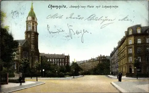 Ak Chemnitz Sachsen, Partie am Josephinenplatz mit Lukas Kirche, Straßenkreuzung
