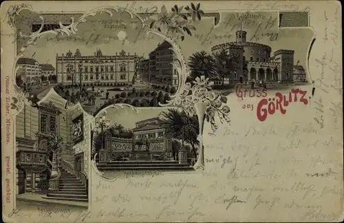 Mondschein Litho Görlitz in der Lausitz, Kaisertrutz, Postplatz, Denkmal, Rathaustreppe