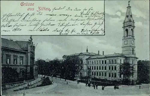 Mondschein Ak Zittau in Sachsen, Straßenpartie