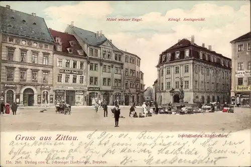 Ak Zittau in Sachsen, Hotel weißer Engel, Amtsgericht, Geschäfte, Friseur, Brunnen