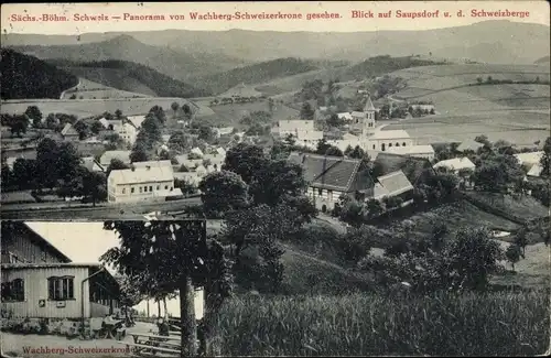 Ak Wachberg Schweizerkrone Saupsdorf Sebnitz Sachsen, Blick auf den Ort