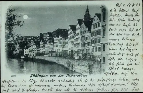 Mondschein Ak Tübingen am Neckar, Teilansicht von der Neckarbrücke aus