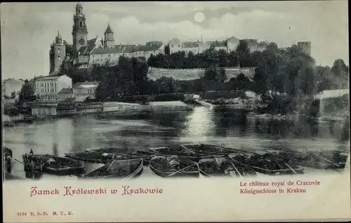 Mondschein Ak Kraków Krakau Polen, Königsschloss, Ruderboote am Ufer