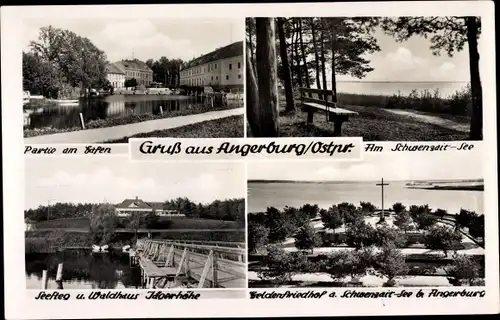 Ak Węgorzewo Angerburg Ostpreußen, Hafen, Seesteg, Waldhaus Jägerhöhe, Heldenfriedhof, Schwenzaitsee