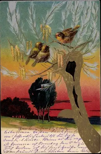 Präge Litho Vögel auf einer Weide