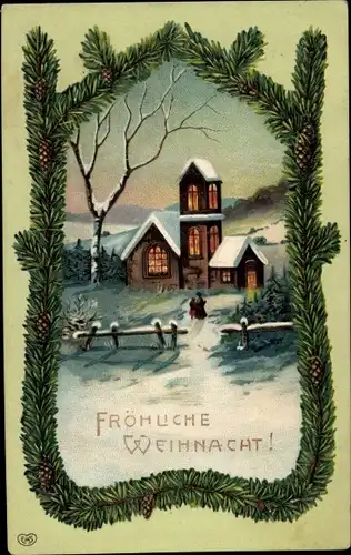 Präge Ak Fröhliche Weihnachten, Kirche im Schnee, Tannenzweige