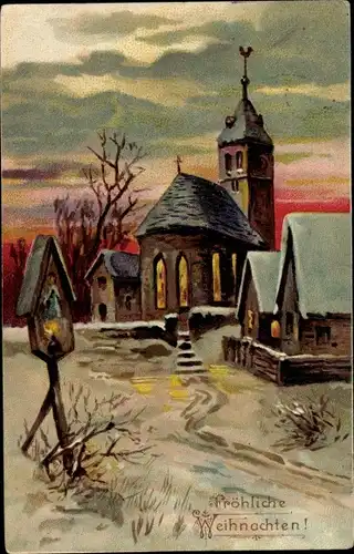 Präge Ak Frohe Weihnachten, Winterliches Dorf, Kirche
